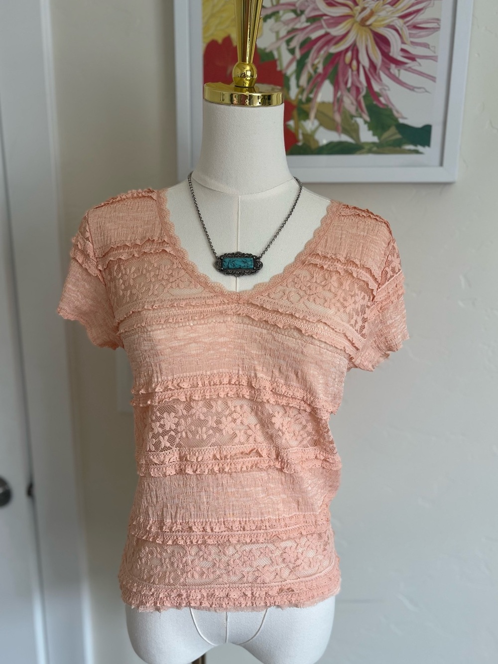 POL Peach Layered Lace Patchwork BoHo Knit Top🌷(peach/coral color)
